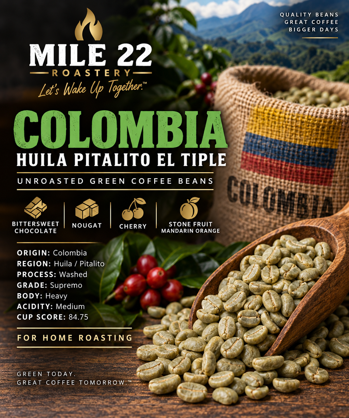 Colombia Huila Pitalito El Tiple unroasted green coffee beans for home roasting - Mile 22 Roastery