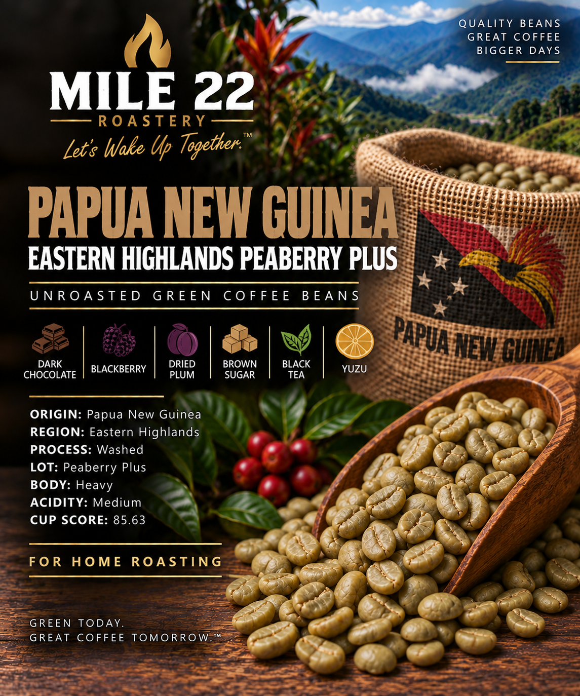 Papua New Guinea Eastern Highlands Peaberry Plus unroasted green coffee beans for home roasting - Mile 22 Roastery