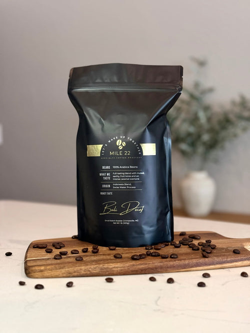Buy Bali decaf coffee beans online made from 100% Arabica using Swiss Water Process, freshly roasted with smooth earthy flavor and caramel notes, perfect for caffeine free coffee lovers