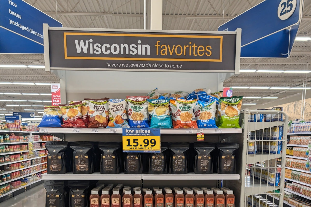 Mile 22 Roastery coffee bags displayed in the Wisconsin Favorites section at Meijer
